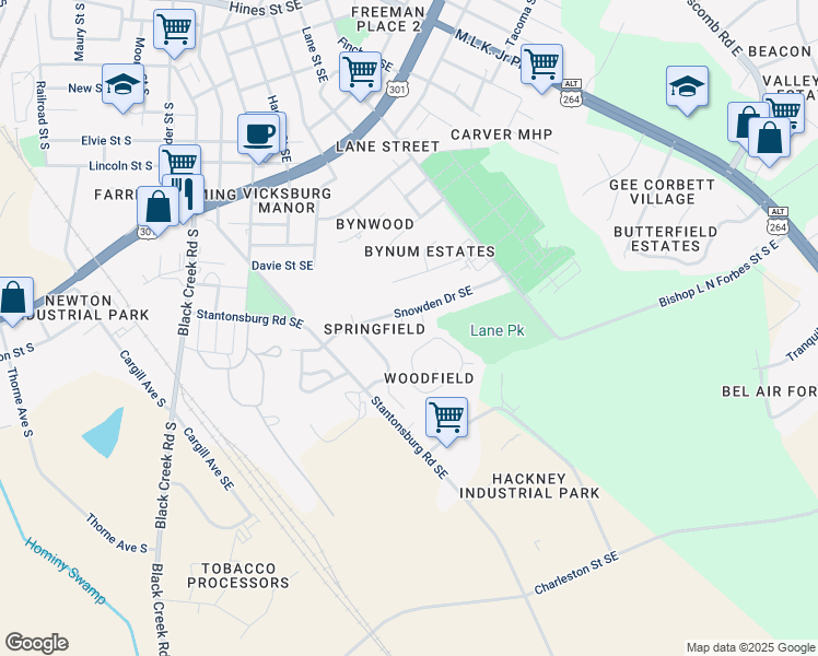 map of restaurants, bars, coffee shops, grocery stores, and more near 1703 Augusta Circle Southeast in Wilson