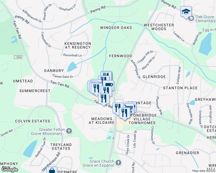 map of restaurants, bars, coffee shops, grocery stores, and more near 3434 Kildaire Farm Road in Cary