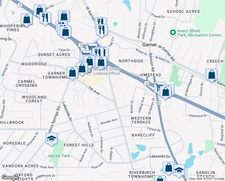 map of restaurants, bars, coffee shops, grocery stores, and more near 409 Aversboro Road in Garner