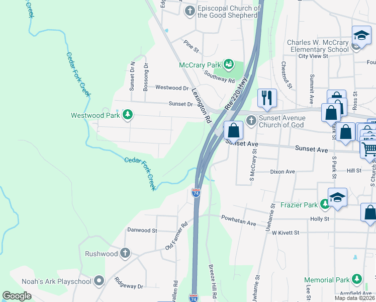 map of restaurants, bars, coffee shops, grocery stores, and more near 144 West Street in Asheboro