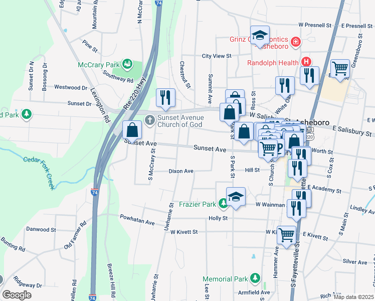 map of restaurants, bars, coffee shops, grocery stores, and more near 711 Sunset Avenue in Asheboro