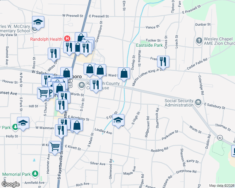 map of restaurants, bars, coffee shops, grocery stores, and more near 117N North Elm Street in Asheboro