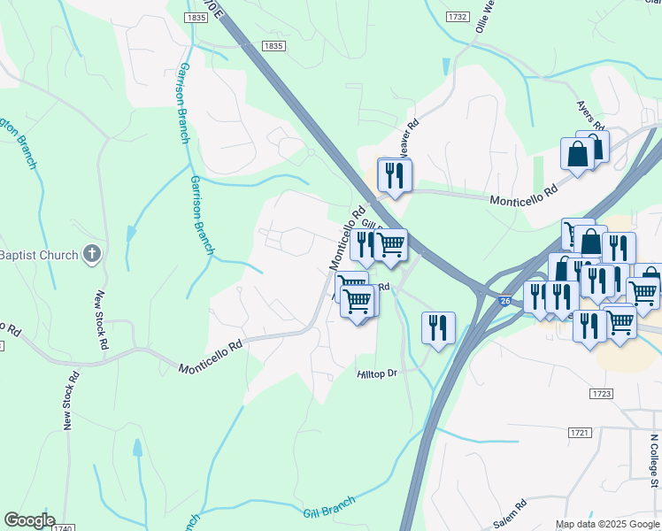 map of restaurants, bars, coffee shops, grocery stores, and more near 145 Monticello Road in Weaverville