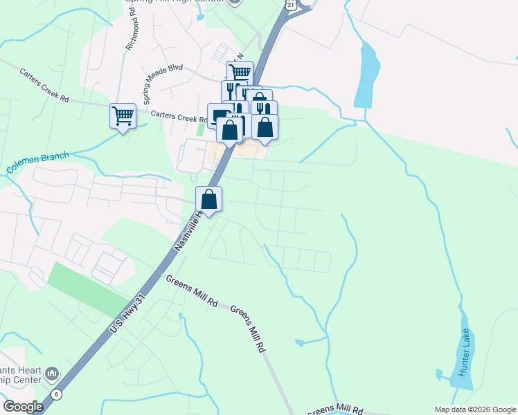 map of restaurants, bars, coffee shops, grocery stores, and more near 2504 Nashville Highway in Columbia