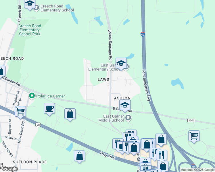 map of restaurants, bars, coffee shops, grocery stores, and more near 5708 Jones Sausage Road in Garner