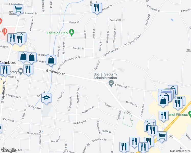 map of restaurants, bars, coffee shops, grocery stores, and more near 853 East Salisbury Street in Asheboro