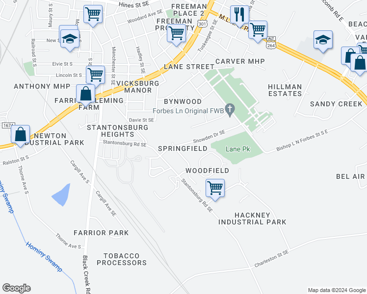 map of restaurants, bars, coffee shops, grocery stores, and more near 1702 Snowden Drive Southeast in Wilson