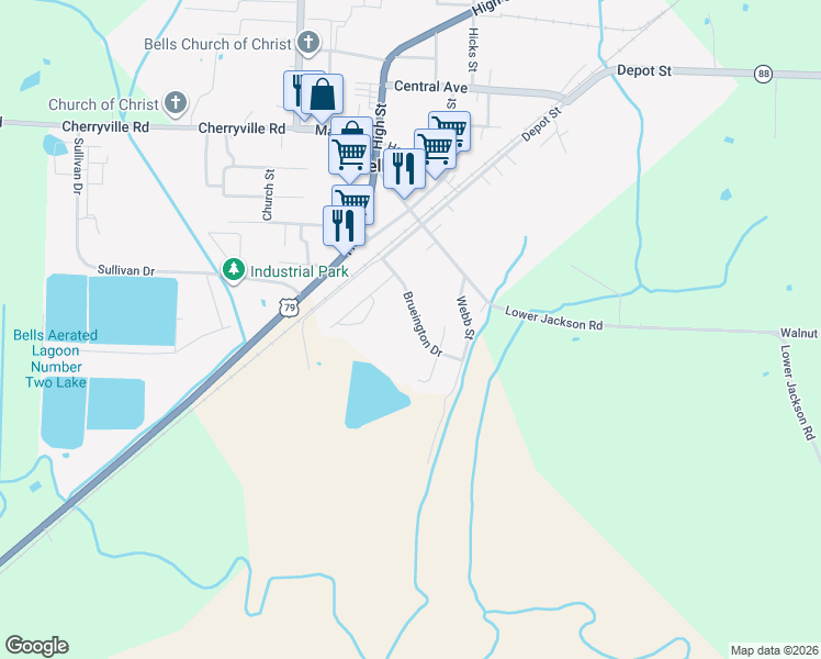 map of restaurants, bars, coffee shops, grocery stores, and more near 147 Breuington Street in Bells