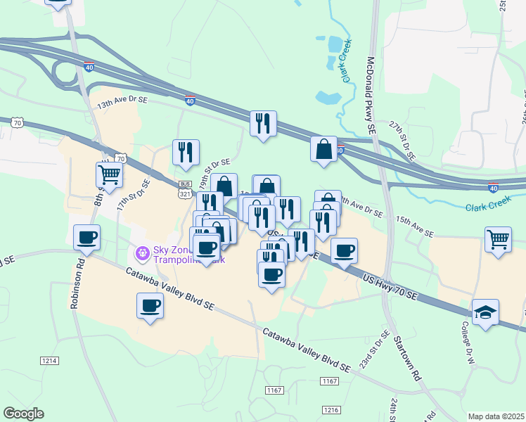 map of restaurants, bars, coffee shops, grocery stores, and more near 2025 U.S. 70 in Hickory