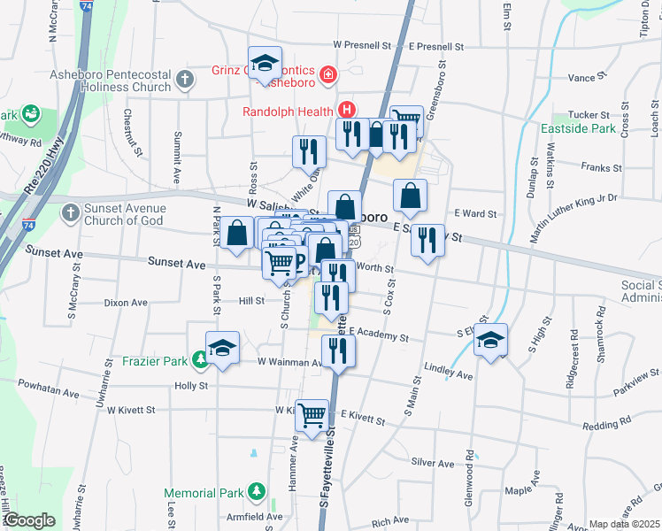 map of restaurants, bars, coffee shops, grocery stores, and more near 128 Sunset Avenue in Asheboro