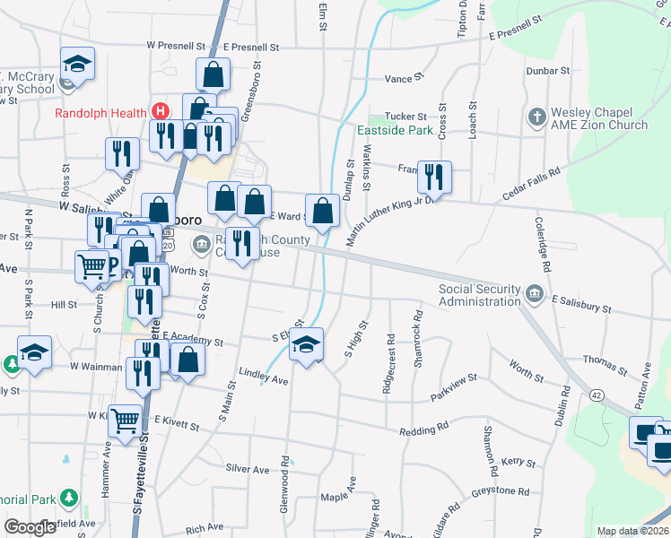 map of restaurants, bars, coffee shops, grocery stores, and more near 127N North Randolph Avenue in Asheboro