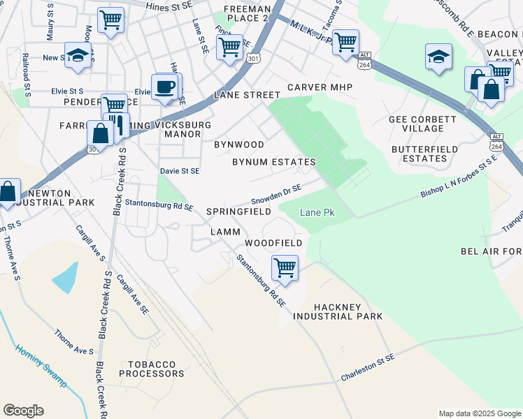 map of restaurants, bars, coffee shops, grocery stores, and more near 1703-B Augusta Circle Southeast in Wilson