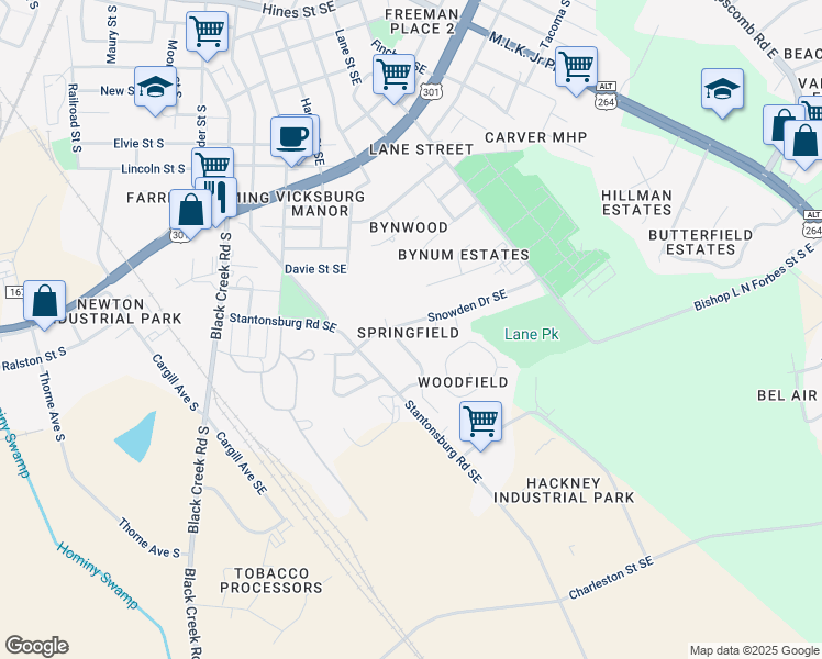 map of restaurants, bars, coffee shops, grocery stores, and more near 1701 Birchwood Drive Southeast in Wilson
