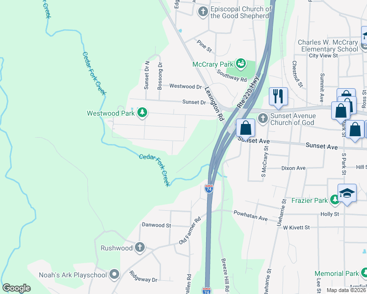 map of restaurants, bars, coffee shops, grocery stores, and more near 1303 Rolling Road in Asheboro