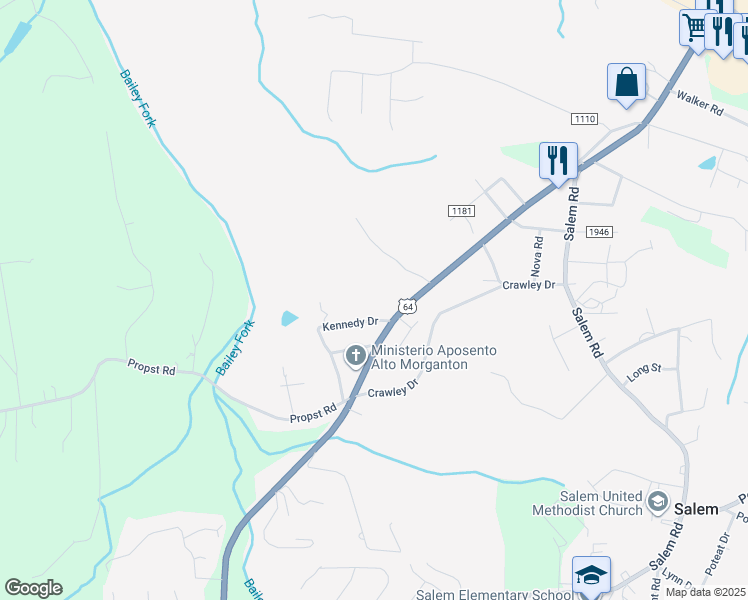 map of restaurants, bars, coffee shops, grocery stores, and more near 1466 Kennedy Drive in Morganton