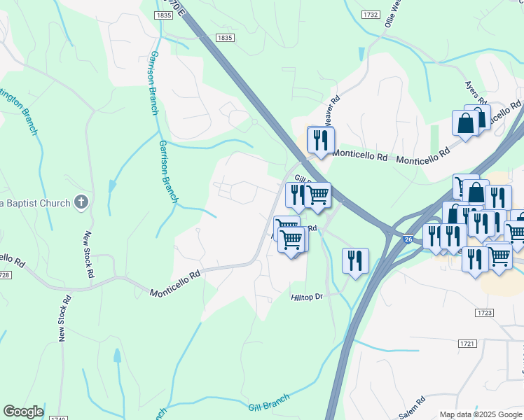 map of restaurants, bars, coffee shops, grocery stores, and more near 145 Monticello Road in Weaverville