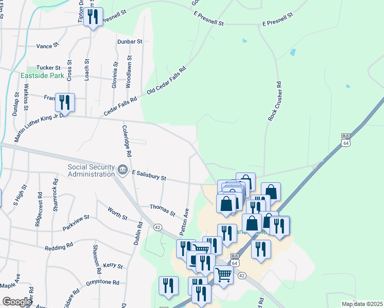map of restaurants, bars, coffee shops, grocery stores, and more near 479 Patton Avenue in Asheboro