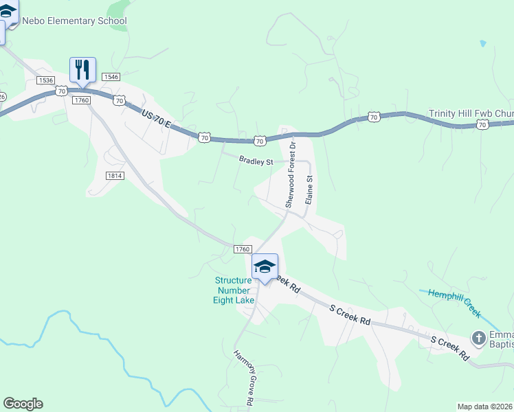 map of restaurants, bars, coffee shops, grocery stores, and more near 191 Haley Drive in Nebo
