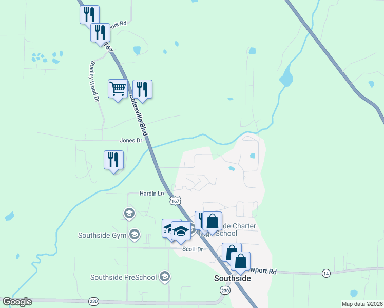 map of restaurants, bars, coffee shops, grocery stores, and more near 38 Pebble Creek Circle in Batesville