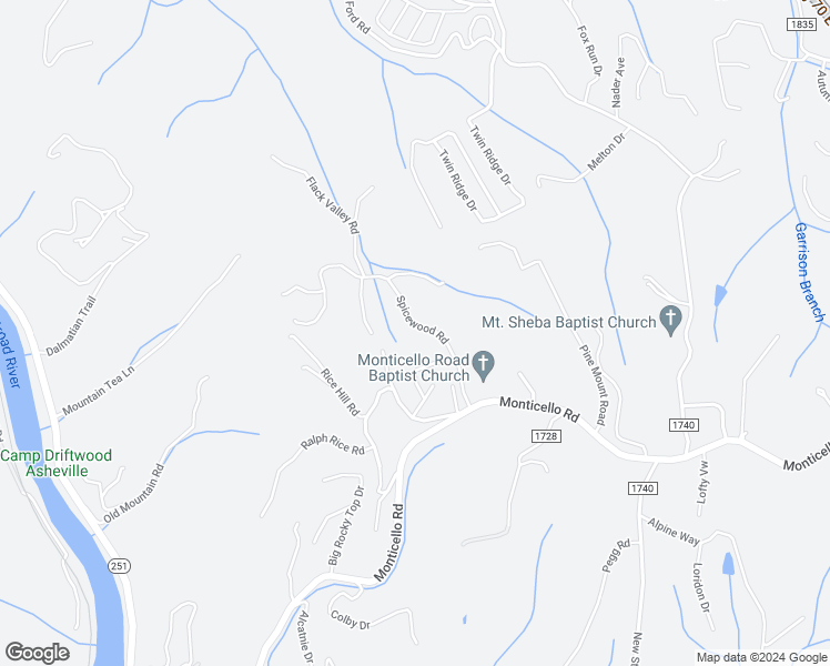 map of restaurants, bars, coffee shops, grocery stores, and more near 46 Spicewood Road in Weaverville