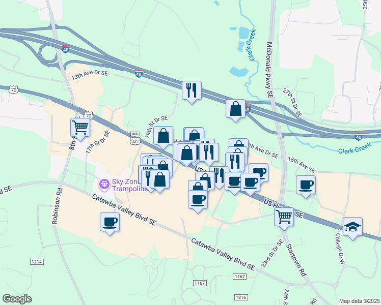 map of restaurants, bars, coffee shops, grocery stores, and more near 2025 U.S. 70 in Hickory