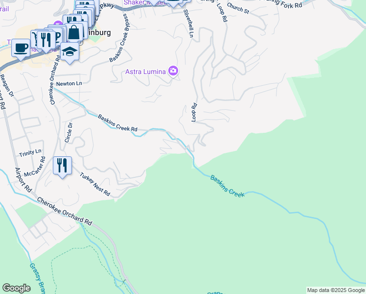 map of restaurants, bars, coffee shops, grocery stores, and more near 629 Baskins Creek Road in Gatlinburg