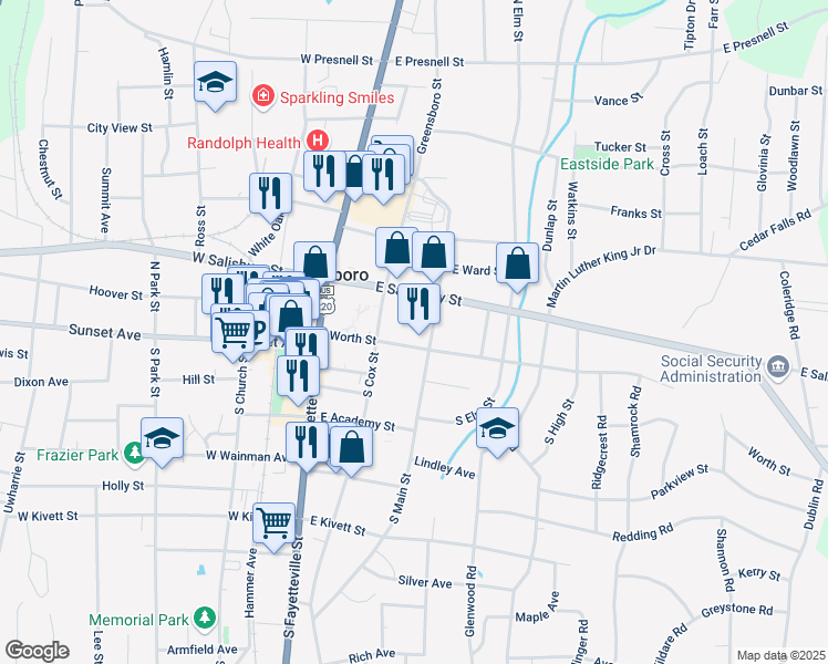 map of restaurants, bars, coffee shops, grocery stores, and more near 233 Worth Street in Asheboro