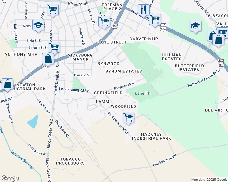 map of restaurants, bars, coffee shops, grocery stores, and more near 1703-B Augusta Circle Southeast in Wilson
