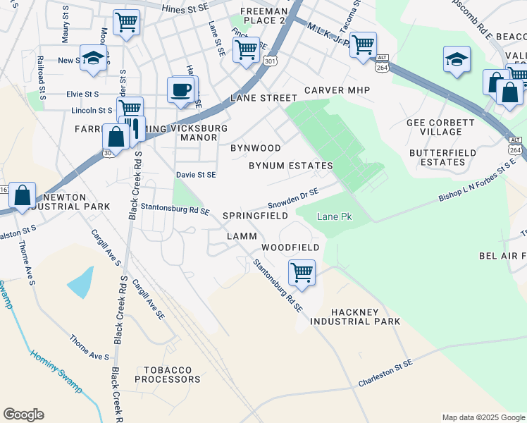 map of restaurants, bars, coffee shops, grocery stores, and more near 1701 Birchwood Drive Southeast in Wilson