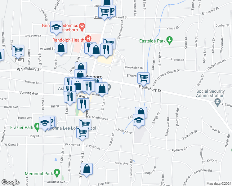 map of restaurants, bars, coffee shops, grocery stores, and more near 233 Worth Street in Asheboro