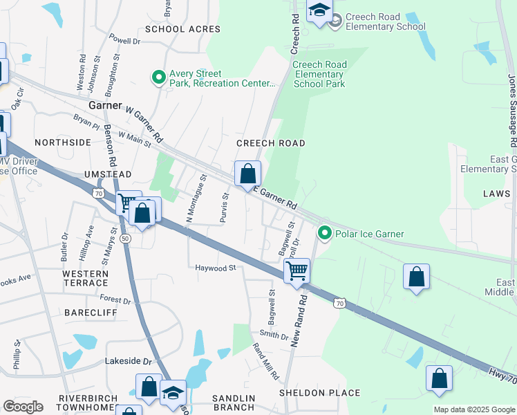 map of restaurants, bars, coffee shops, grocery stores, and more near 104 Griffin St in Garner