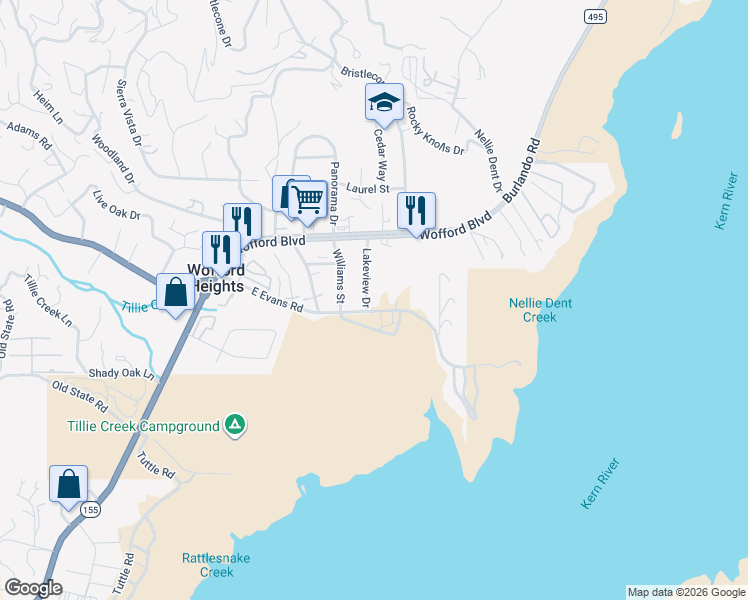map of restaurants, bars, coffee shops, grocery stores, and more near 145 Lakeview Drive in Wofford Heights