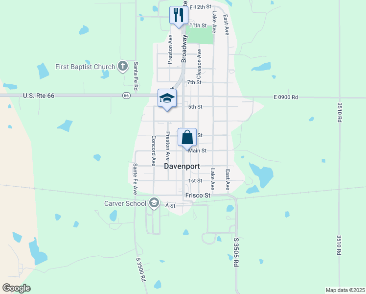 map of restaurants, bars, coffee shops, grocery stores, and more near Broadway in Davenport