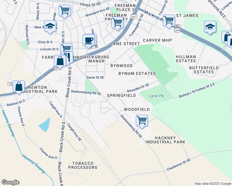 map of restaurants, bars, coffee shops, grocery stores, and more near 1705 Snowden Drive Southeast in Wilson
