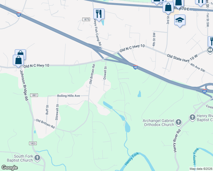 map of restaurants, bars, coffee shops, grocery stores, and more near 3901 Dowell Street in Hickory