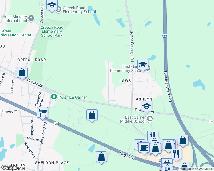 map of restaurants, bars, coffee shops, grocery stores, and more near 290 White Oak Ridge Drive in Garner