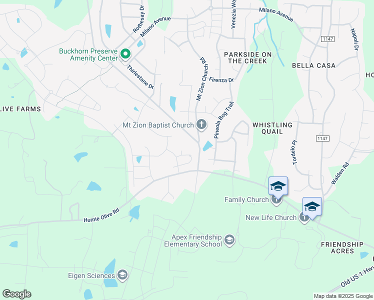 map of restaurants, bars, coffee shops, grocery stores, and more near McQueen Ridge Lane in Apex