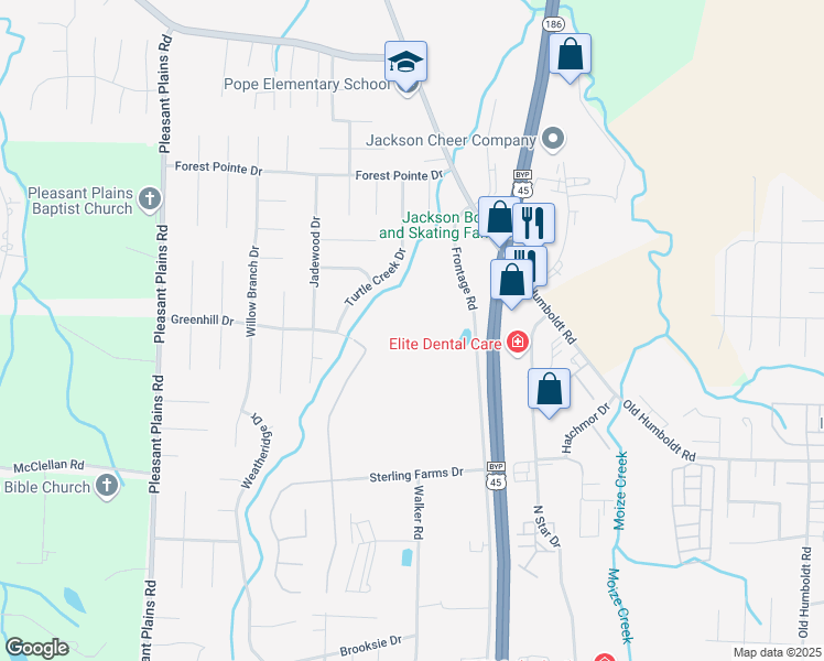 map of restaurants, bars, coffee shops, grocery stores, and more near 197 Greenhill Drive in Jackson
