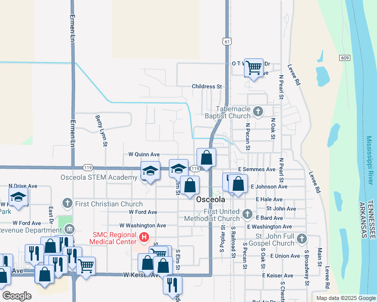map of restaurants, bars, coffee shops, grocery stores, and more near 408 West Quinn Avenue in Osceola