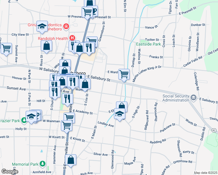 map of restaurants, bars, coffee shops, grocery stores, and more near 118 South Main Street in Asheboro