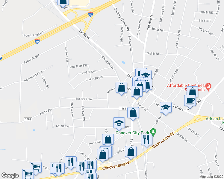 map of restaurants, bars, coffee shops, grocery stores, and more near 4th Avenue in Conover