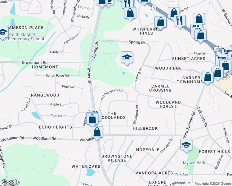 map of restaurants, bars, coffee shops, grocery stores, and more near 1410 Old Buckhorn Road in Garner