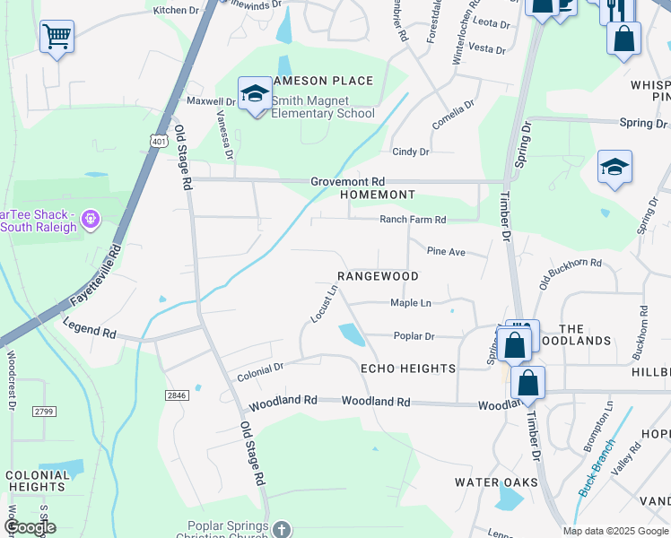 map of restaurants, bars, coffee shops, grocery stores, and more near 701 Elmwood Drive in Raleigh