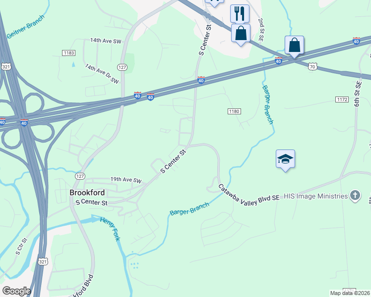 map of restaurants, bars, coffee shops, grocery stores, and more near 1644 S Center St in Hickory
