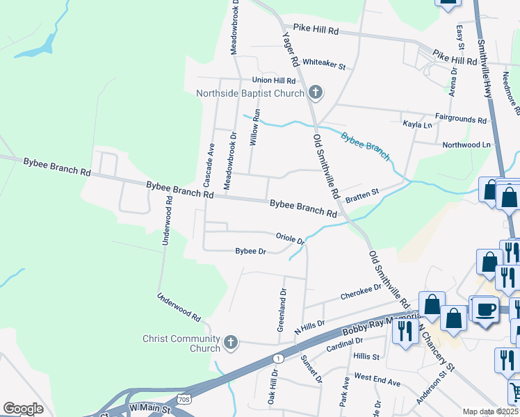 map of restaurants, bars, coffee shops, grocery stores, and more near 317 Bybee Branch Road in McMinnville