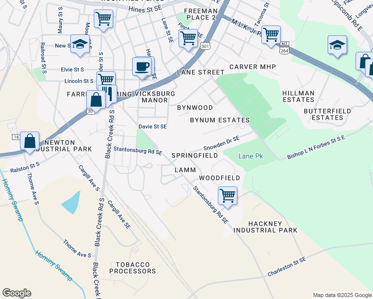 map of restaurants, bars, coffee shops, grocery stores, and more near 1701 Birchwood Drive Southeast in Wilson