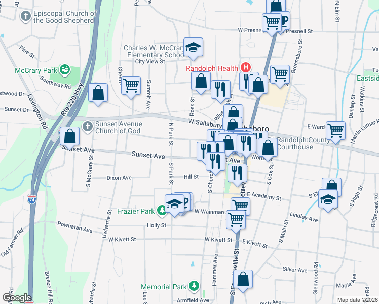 map of restaurants, bars, coffee shops, grocery stores, and more near 412 Sunset Avenue in Asheboro