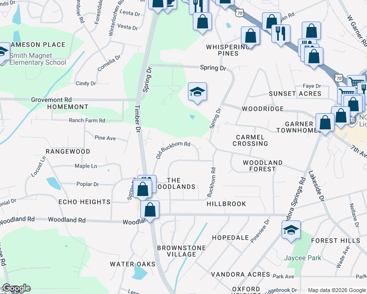 map of restaurants, bars, coffee shops, grocery stores, and more near 1410 Old Buckhorn Road in Garner