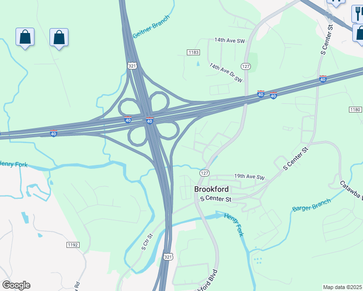map of restaurants, bars, coffee shops, grocery stores, and more near 18th Avenue Southwest in Hickory