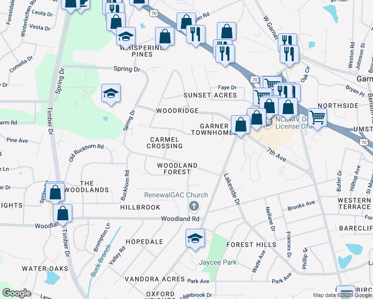 map of restaurants, bars, coffee shops, grocery stores, and more near 112 Glenn Meadow Court in Garner